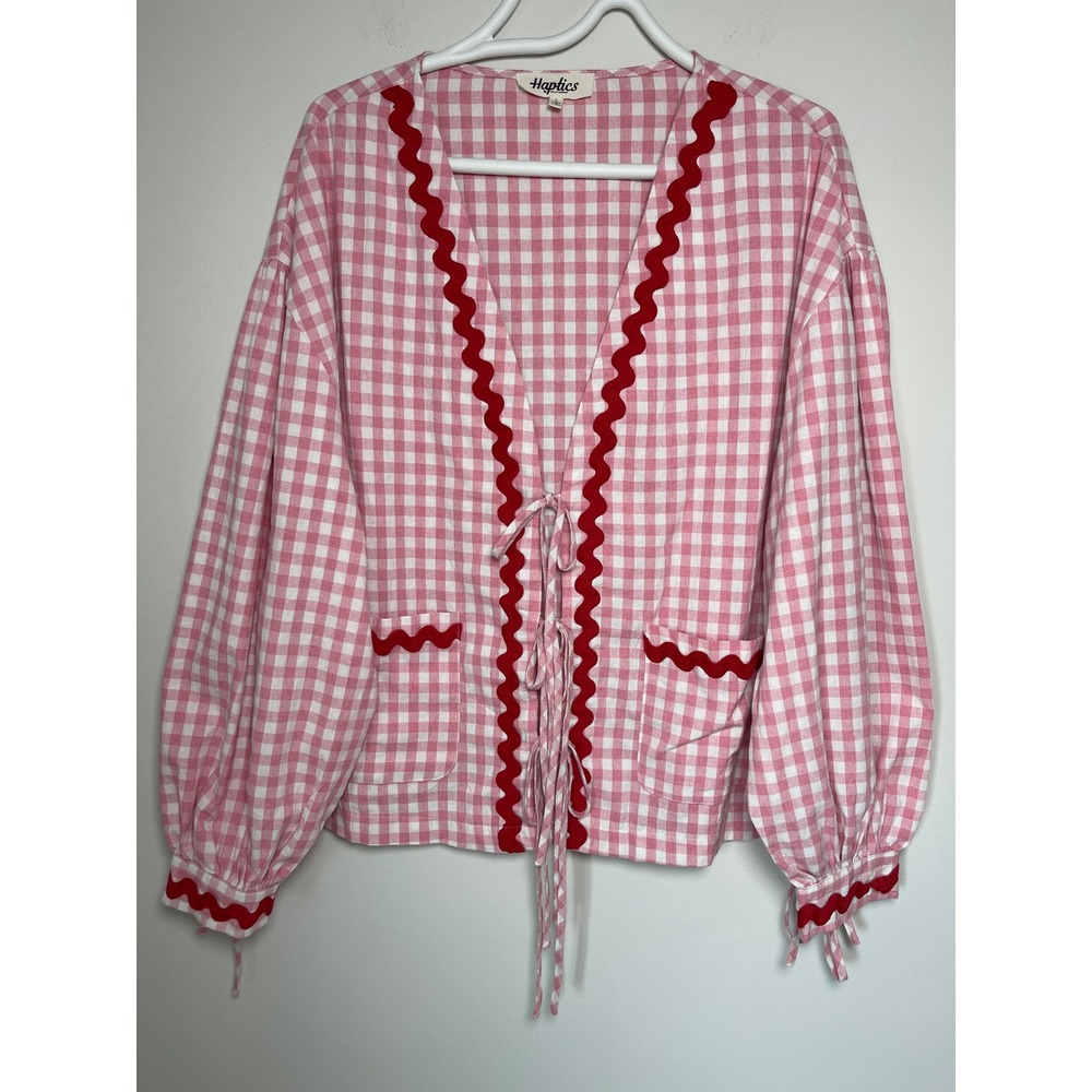 Haptics Pink Gingham Tie Front Cardigan Top Jacket Balloon Sleeve Large